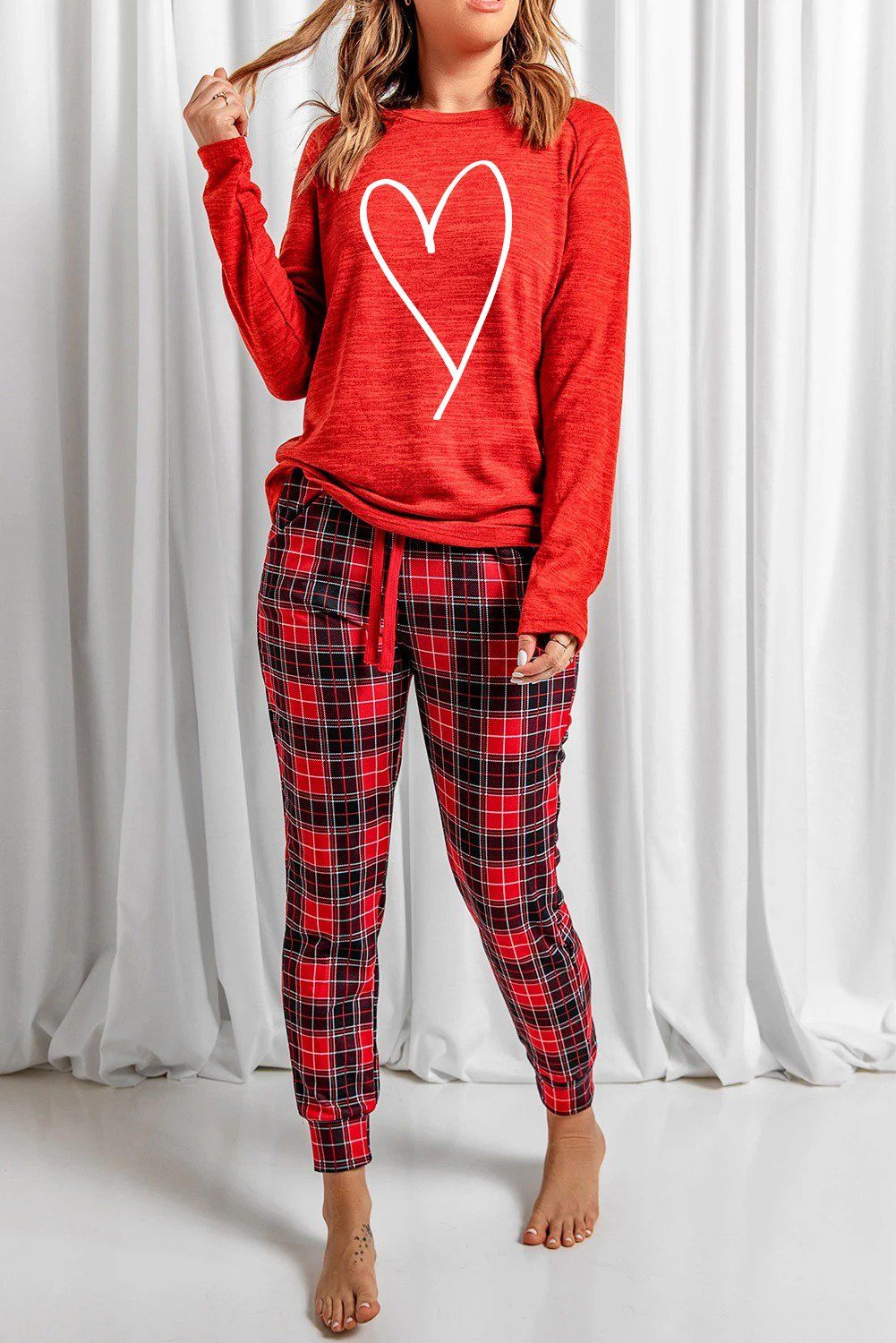 SAASHI Red Heart Print Plaid Lounge Set