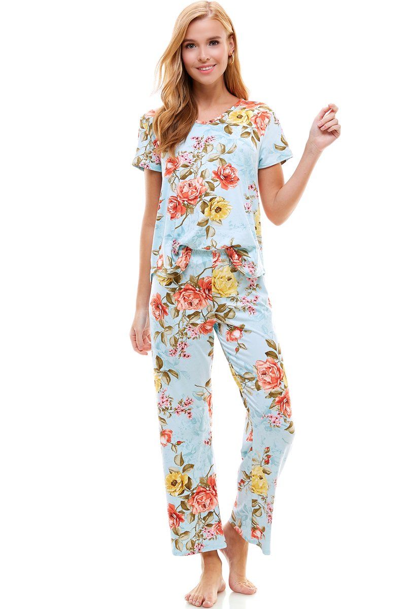 Loungewear set for women&#39;s floral short sleeve and pants, Size: SMALL, Color: LT BLUE