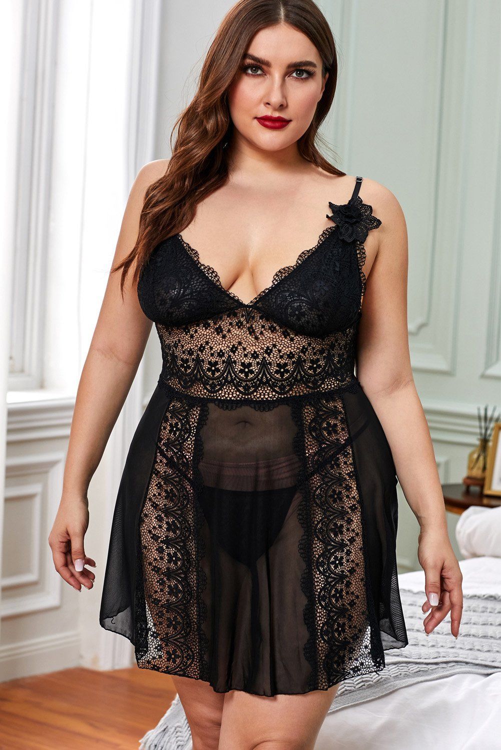 Color Block Hollow-out Lace Gauze Patchwork Plus Size Babydoll, Size: 3X, Color: Black