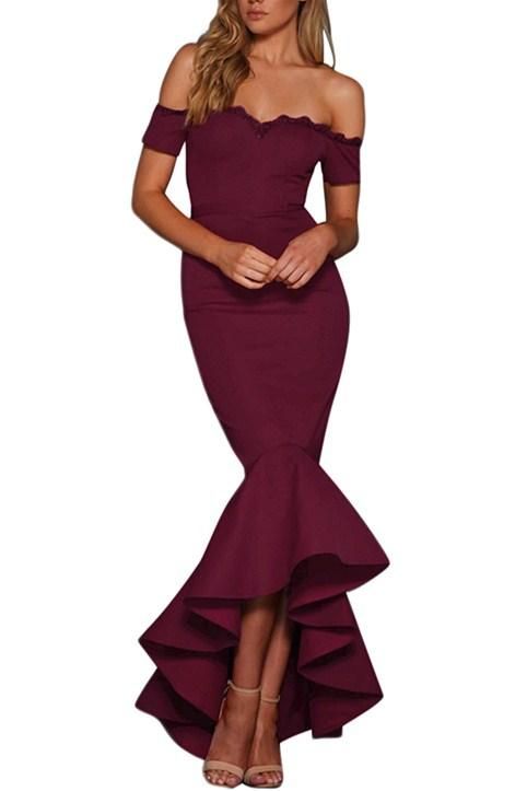 SAASHI Burgundy Lace Trim Off Shoulder Fishtail Party Dress