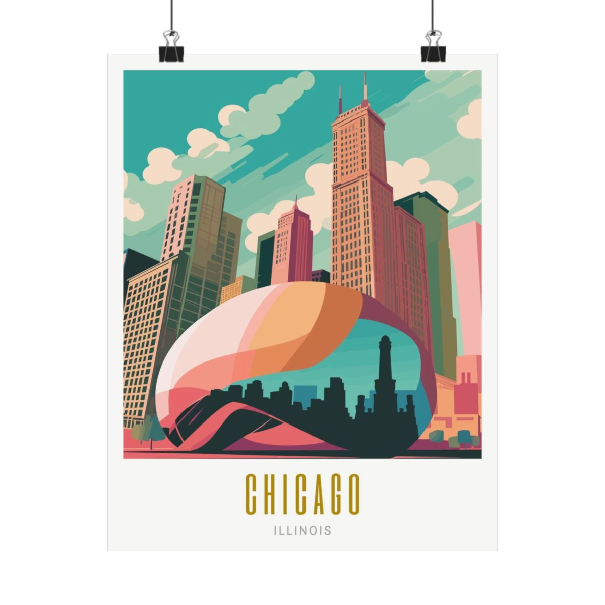 Chicago Cloud Gate Skyline Matte Poster, Sizes: 11″ x 14″, Paper types: Matte