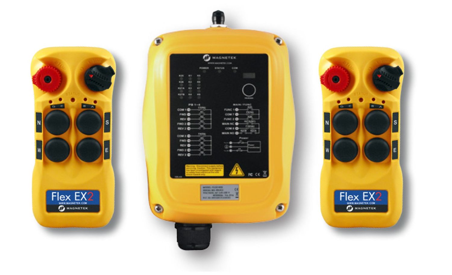 Flex EX2 system - One 110VAC receiver and two transmitters with four 2-speed pushbuttons (2-motion, 2-speed with E-stop, Off/On/Start)