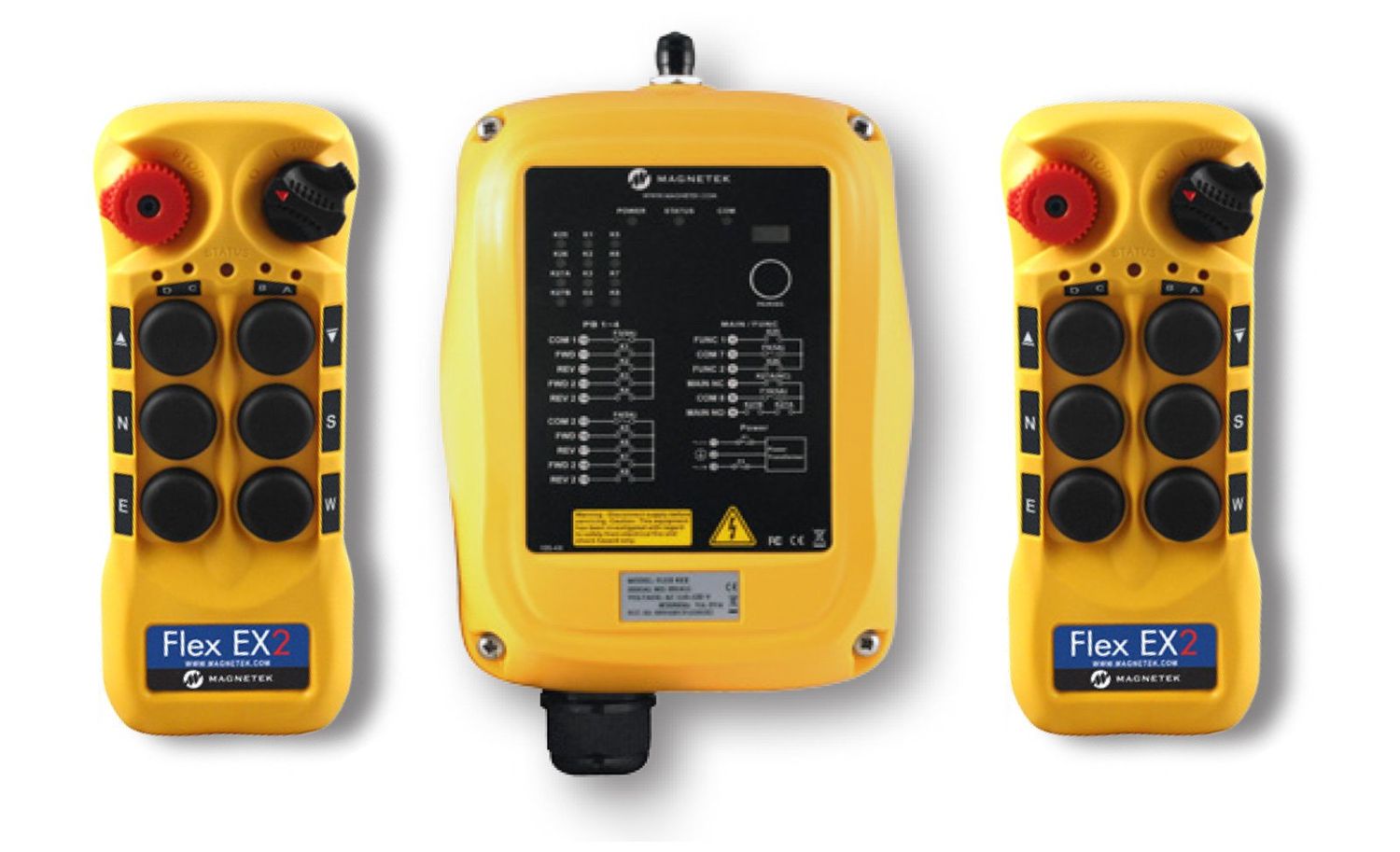 Flex EX2 system - One 110VAC receiver and two transmitters with six 2-speed pushbuttons (3-motion, 2-speed with E-stop, Off/On/Start)