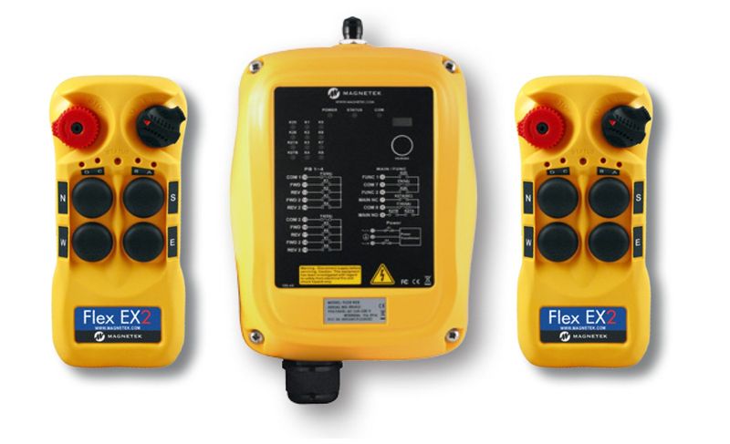 Flex EX2 system - One 24VAC receiver and two transmitters with four 2-speed pushbuttons (2-motion, 2-speed with E-stop, Off/On/Start)