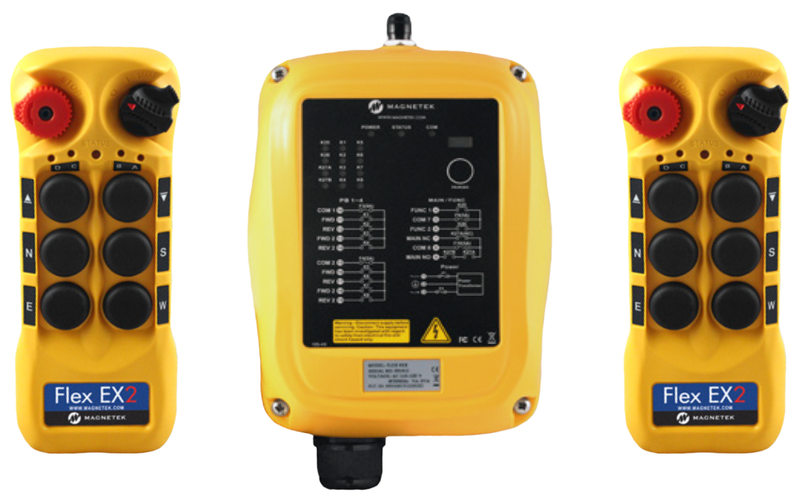 Flex EX2 system - One 24VAC receiver and two transmitters with six 2-speed pushbuttons (3-motion, 2-speed with E-stop, Off/On/Start)