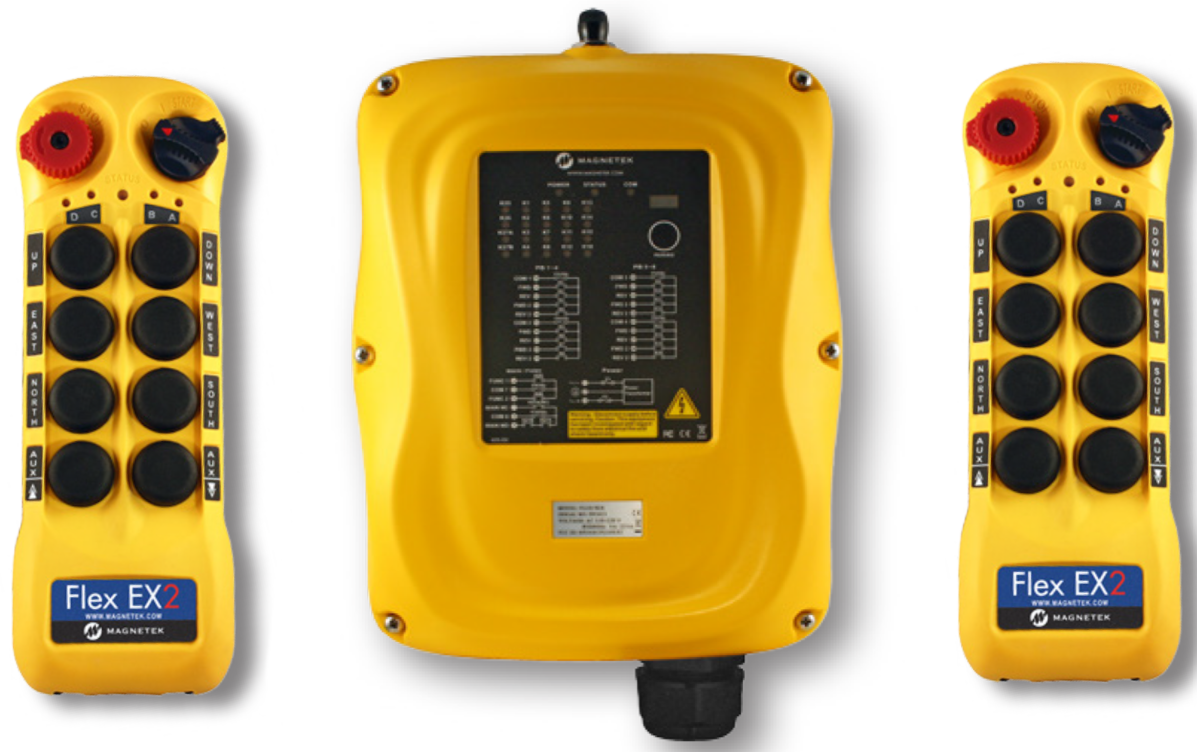 Flex EX2 system - One 110VAC receiver and two transmitters with eight 2-speed pushbuttons (4-motion, 2-speed with E-stop, Off/On/Start)