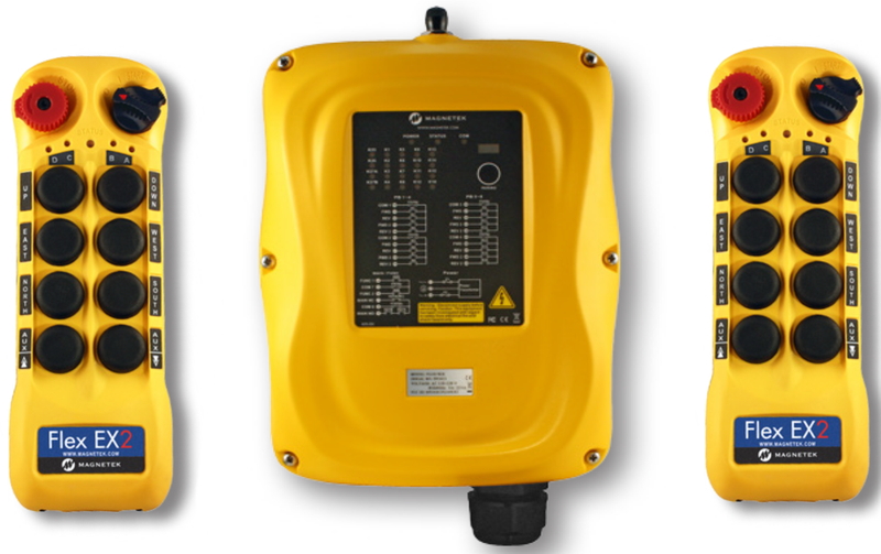 Flex EX2 system - One 110VAC receiver and two transmitters with eight 2-speed pushbuttons (4-motion, 2-speed with E-stop, Off/On/Start)
