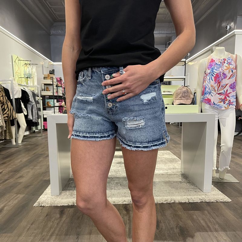 High Rise Button Hem Shorts