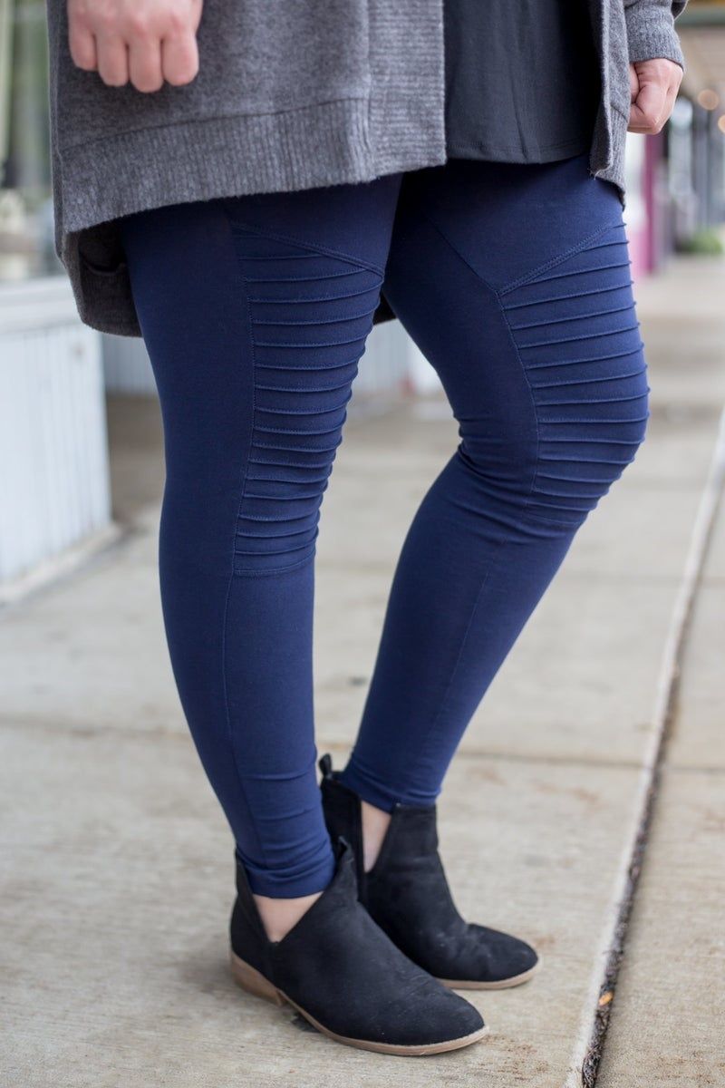Navy Full Length Moto Leggings