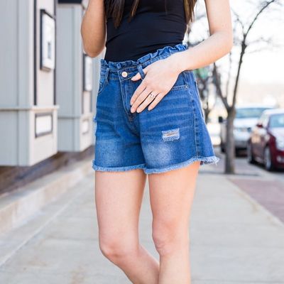 Dark Denim Paper Bag Shorts