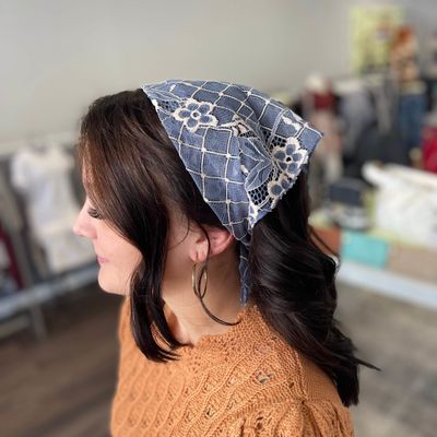 Blue Bohemian Floral Lace Headscarf