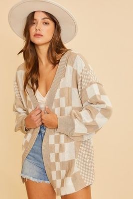 Checkered Knit Cardigan - Latte
