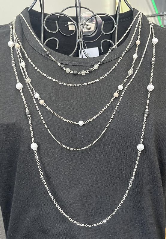 Extra Long Silver Beaded Necklace