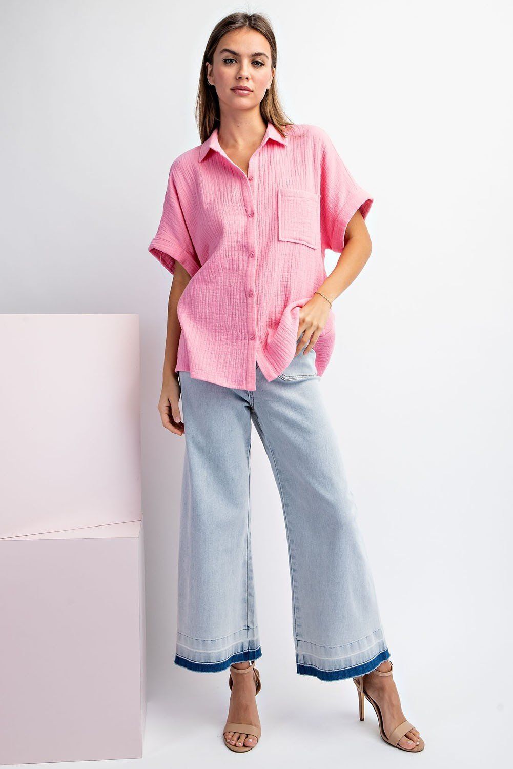 Olivia Short Sleeve Button Down - Pink