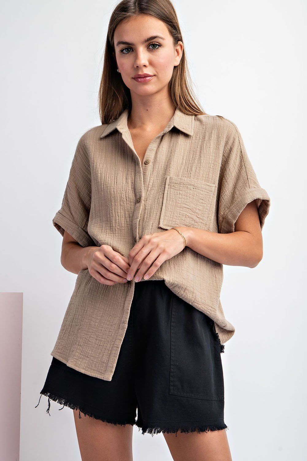 Olivia Short Sleeve Button Down - Taupe