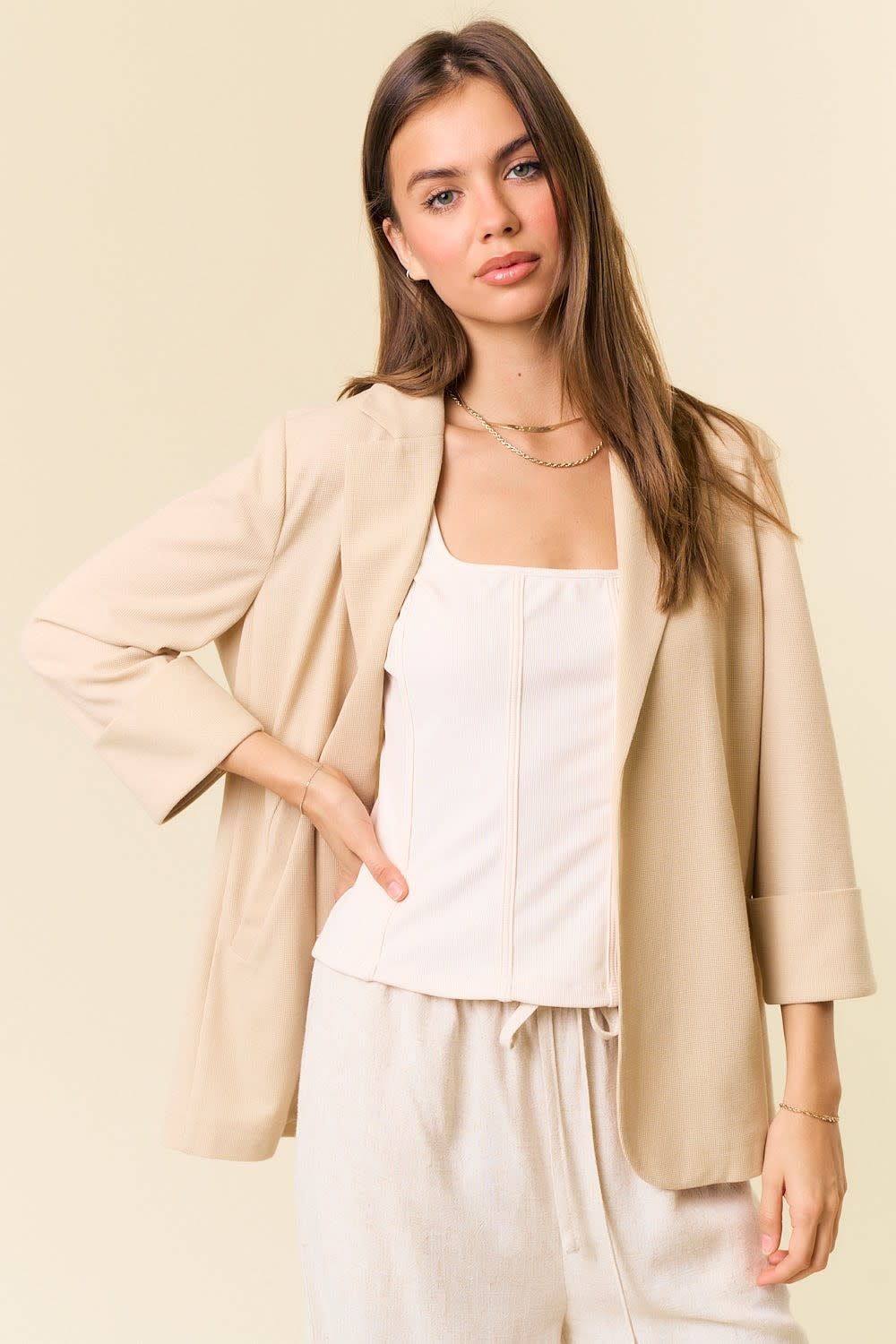 Jozlyn 3/4 Sleeve Blazer - Sand