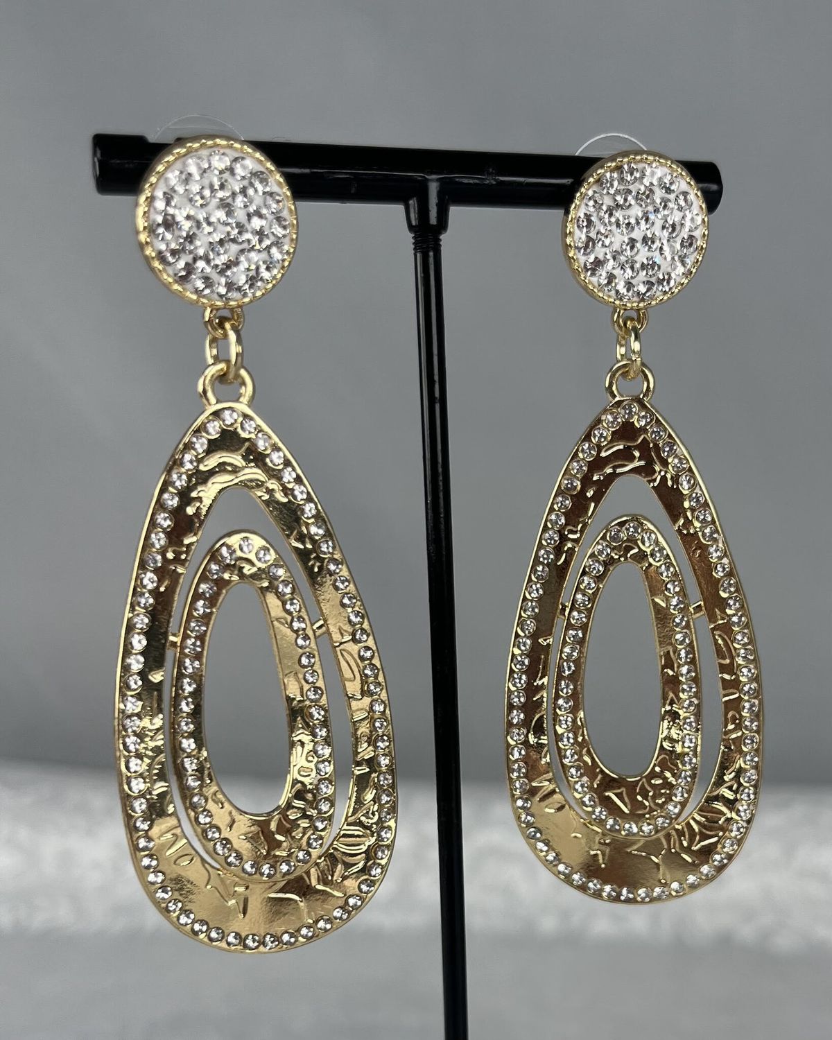 Gold with Rhinestones Long Oval Earrings