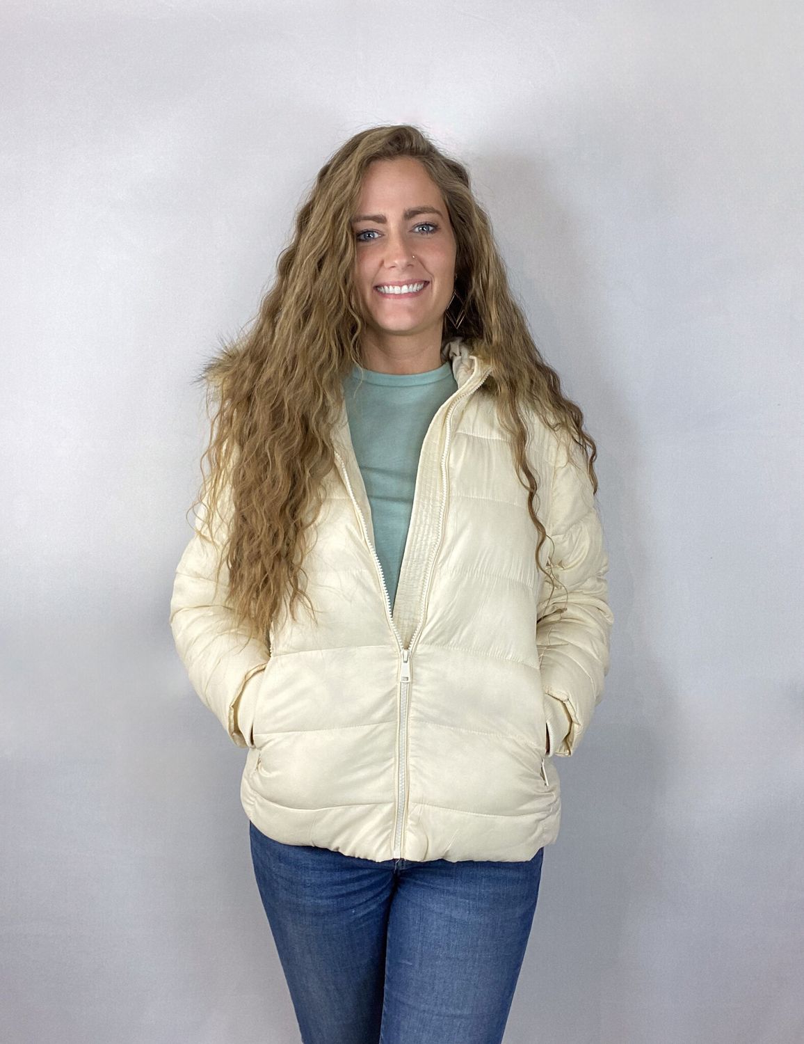 Puff Jacket with Faux Hood - Cream