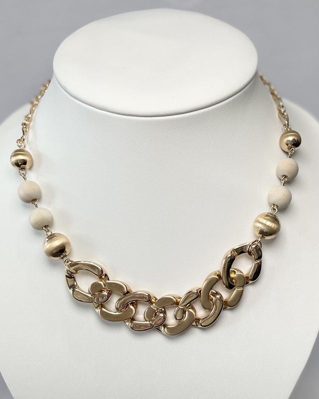 Gold Chunky Necklace with Tan Beads