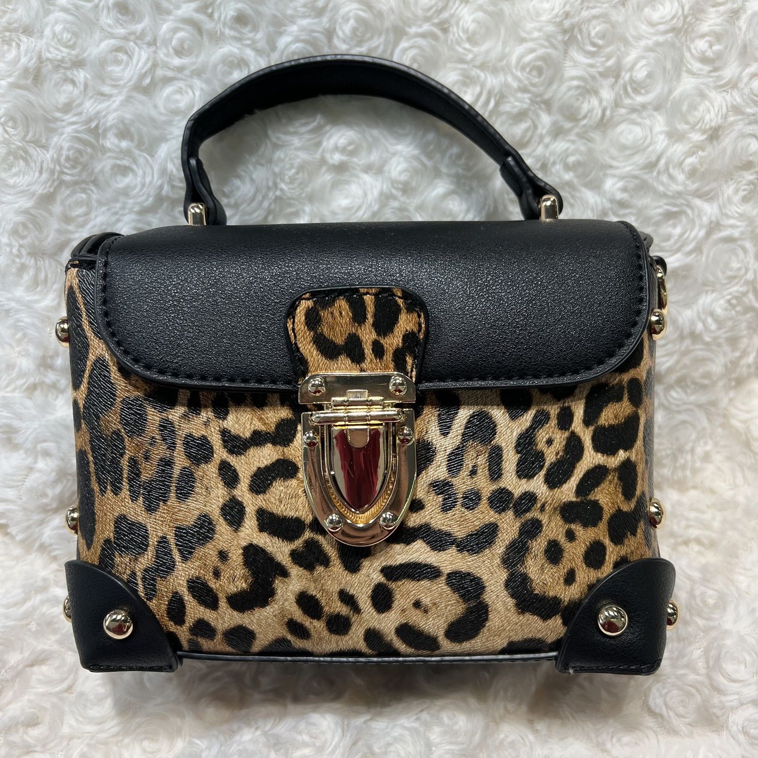 Small Tote Purse With Front Clasp, Color: Leopard/Black