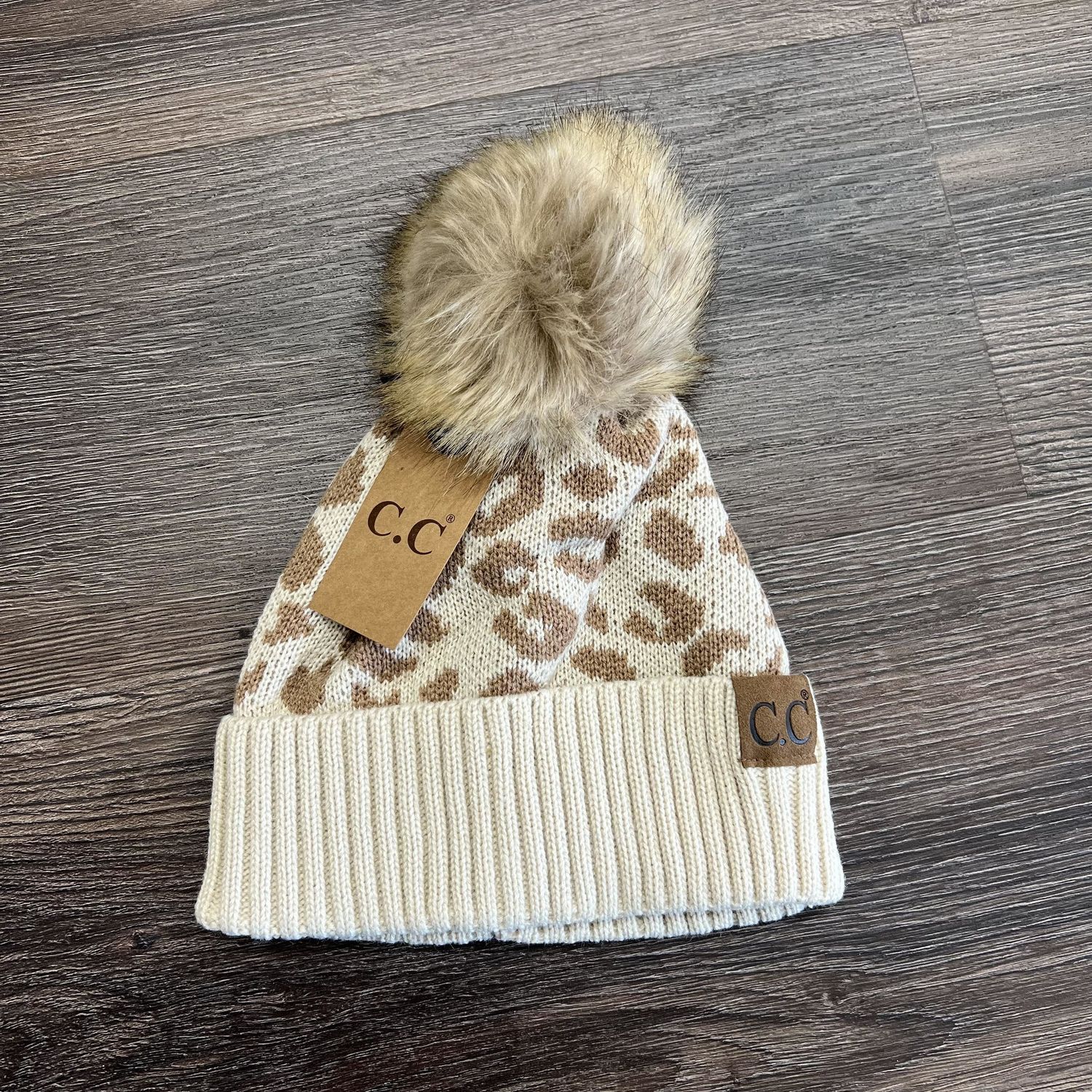 Leopard Pom Beanie, Color: Beige
