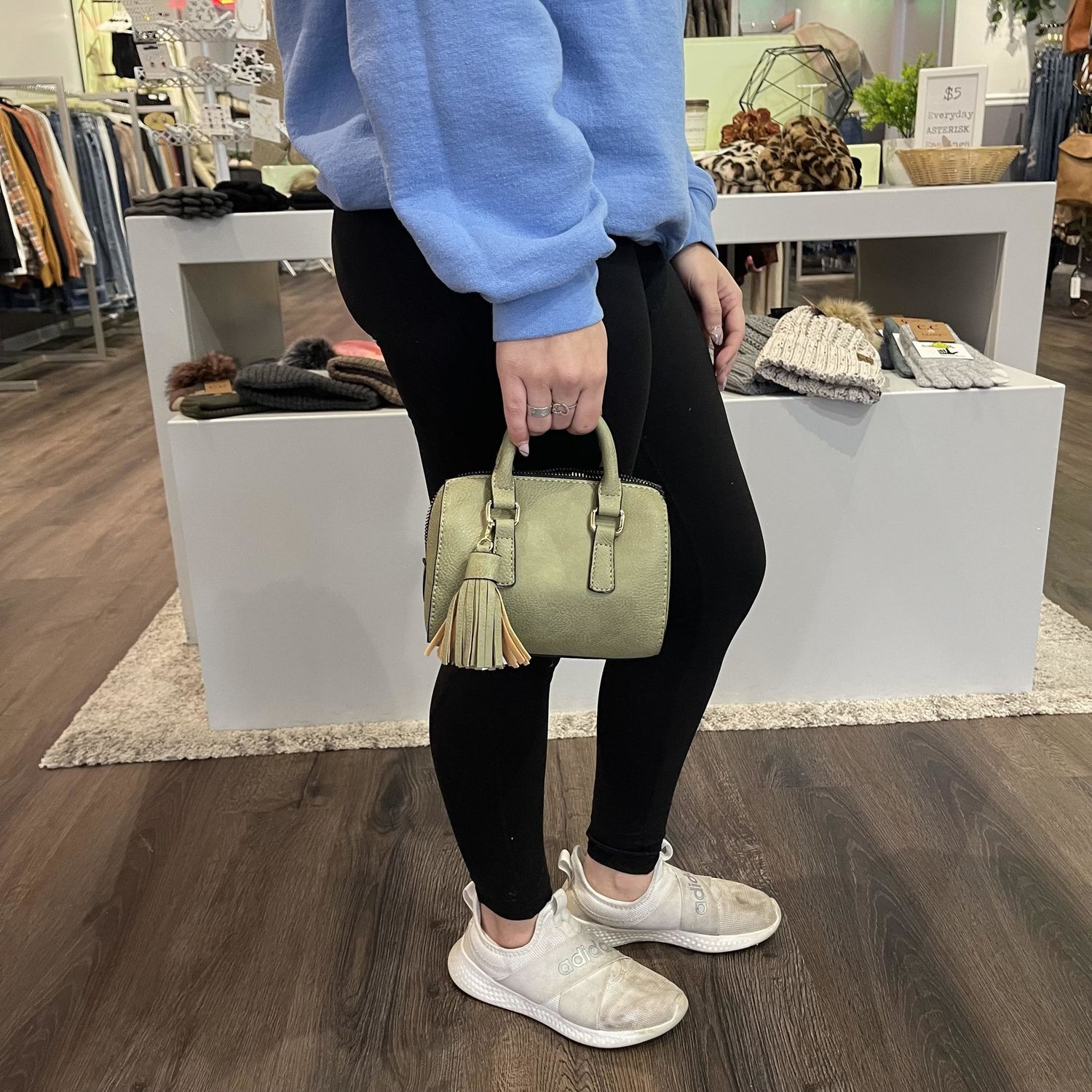 Small Zipper Tote Purse With Tassel, Color: Sage