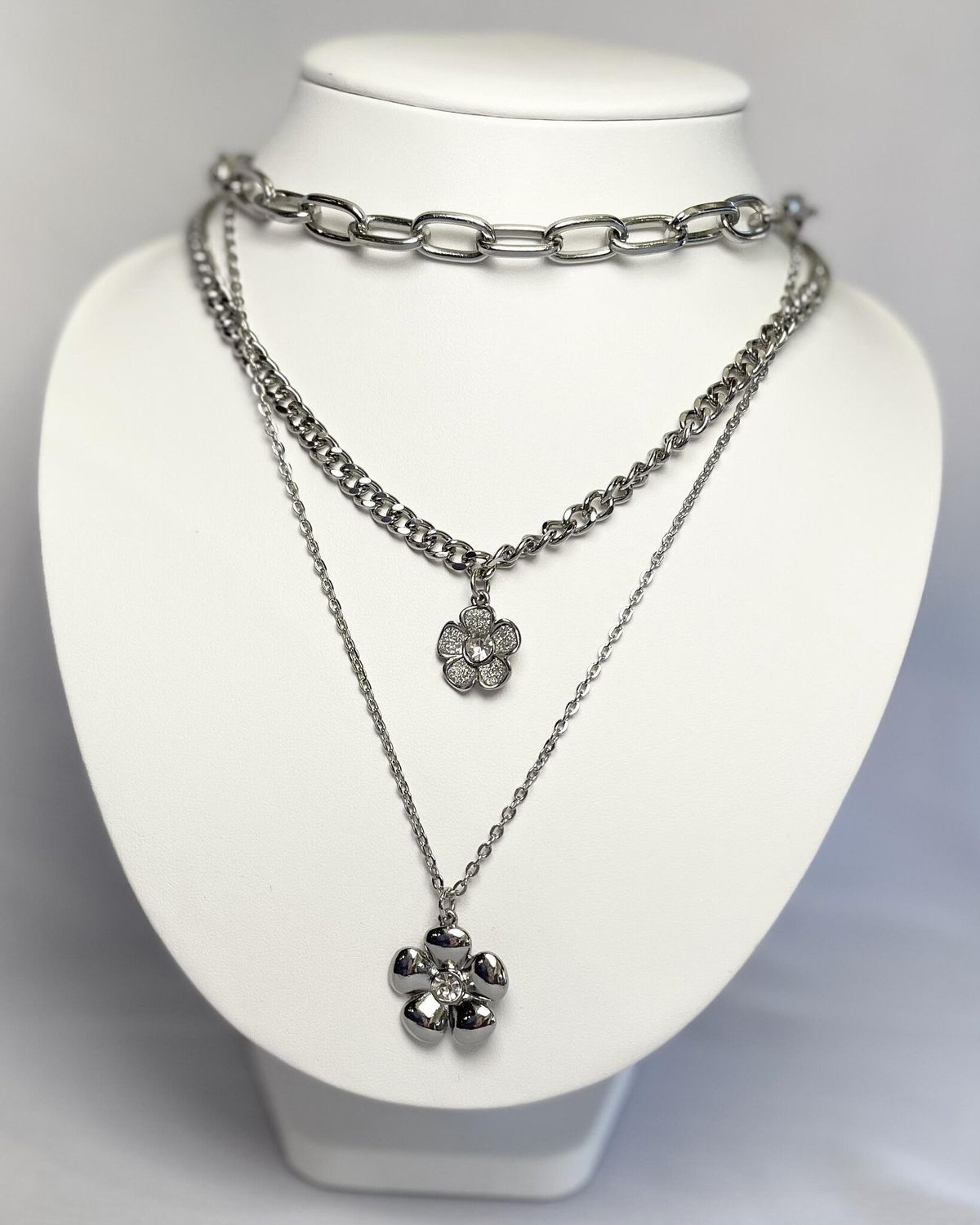 Flower Layered Necklace, Color: Silver