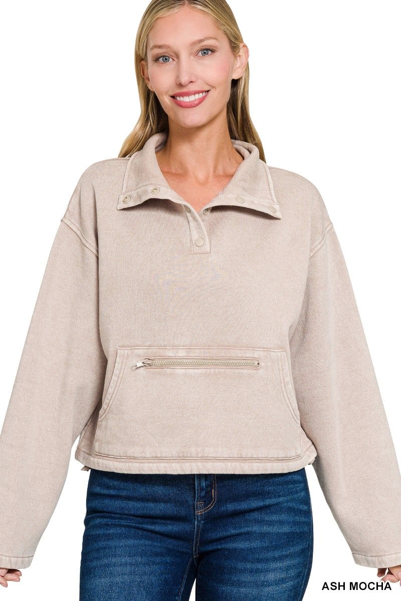 Acid Wash Fleece Pullover - Ash Mocha