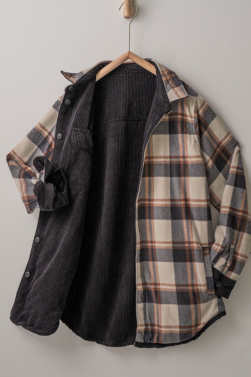 Tilly Corduroy and Plaid Flannel Shacket - Black