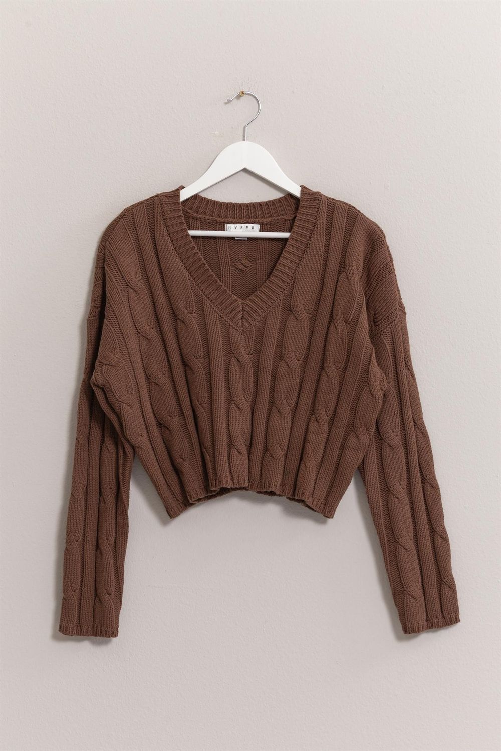 Breann V-Neck Cable Sweater - Brown