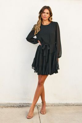 Piper Pin Dot Chiffon Flared Mini Dress - Black