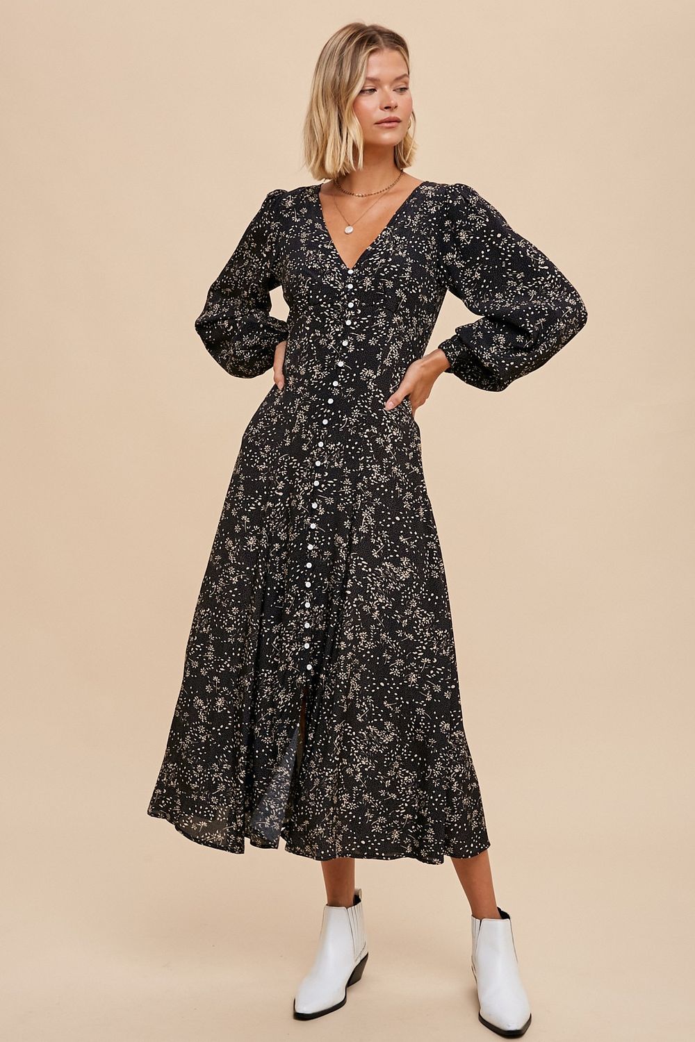 Vinny Floral Button Dress - Black