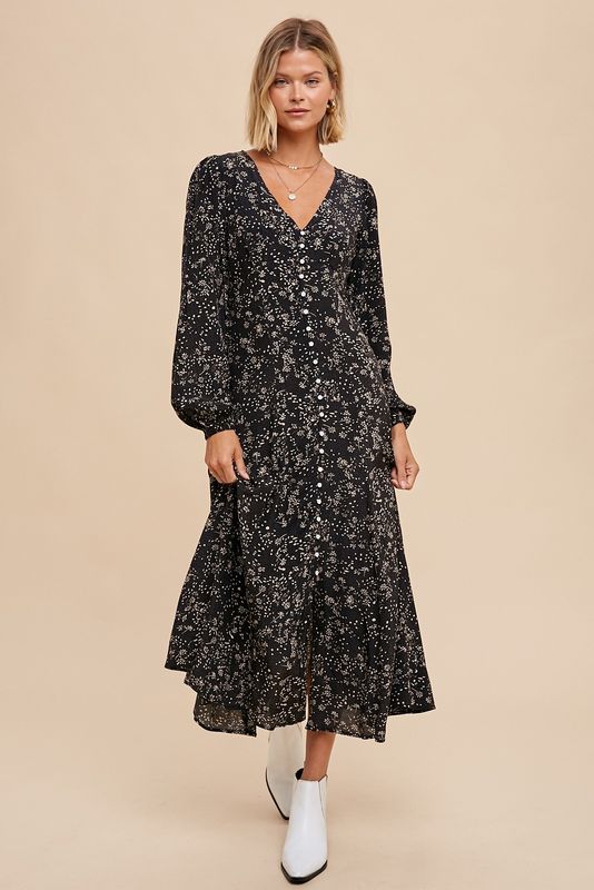 Vinny Floral Button Dress - Black