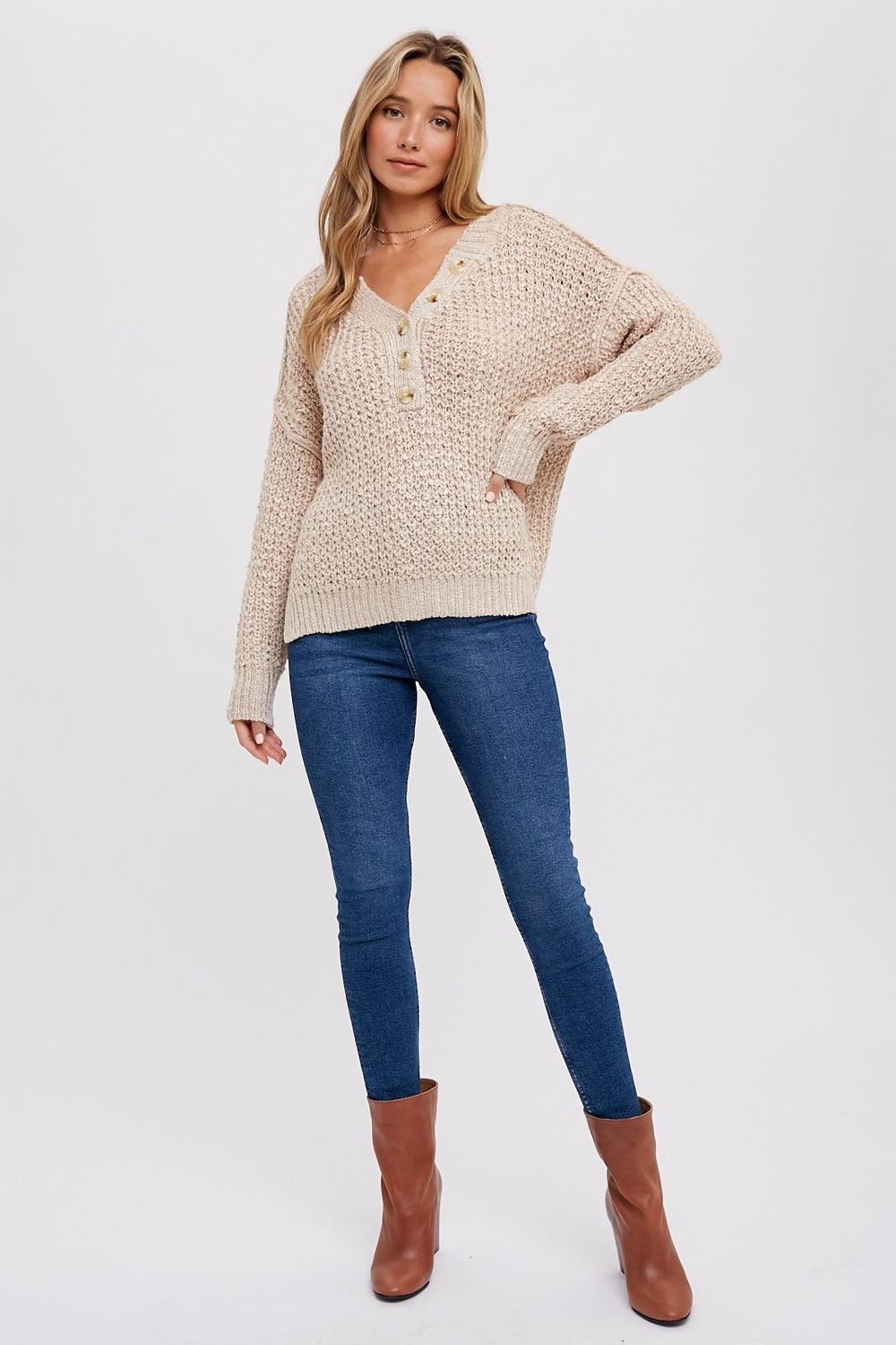Mel Henley Sweater Top - Beige