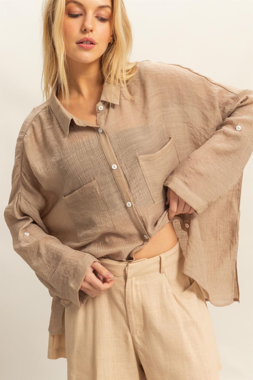Riley Oversized Button Down - Taupe