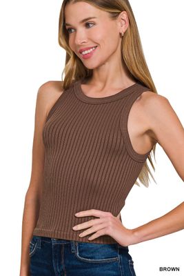 High Neck Ribbed Tank - Brown