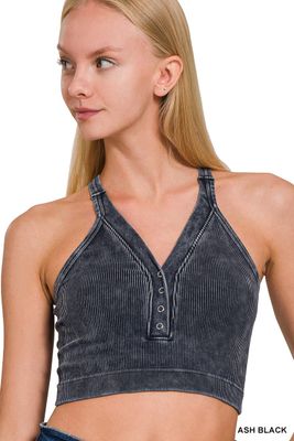 Button V-Neck Tank - Ash Black