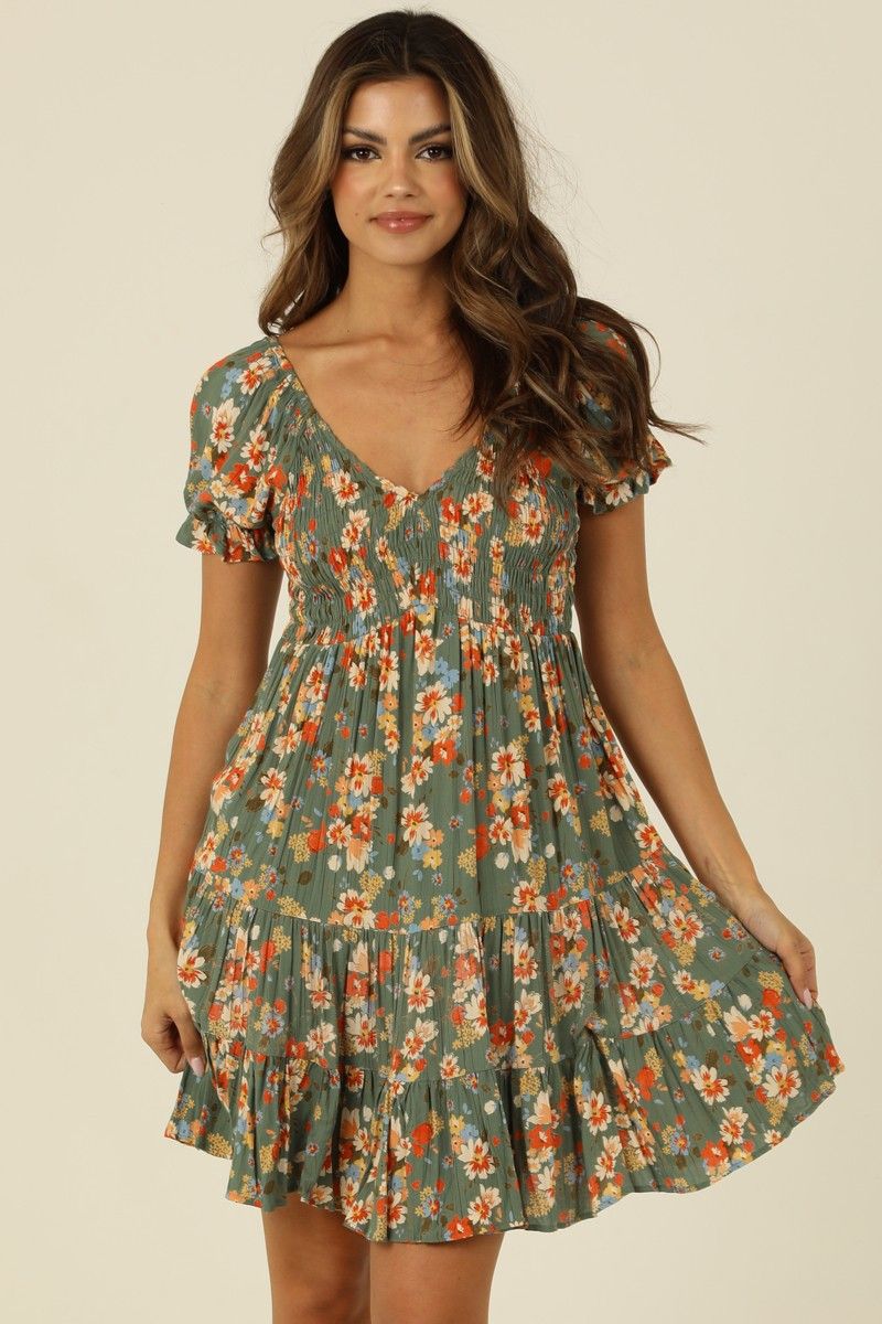 Izzy Floral Mini Dress - Watercress