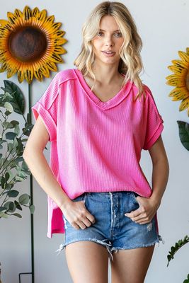 Steph V-Neck Ribbed Top - Candy Pink