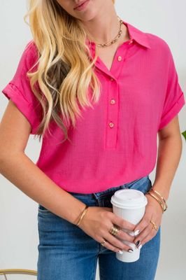 Brooke Button Down Top - Fuschia