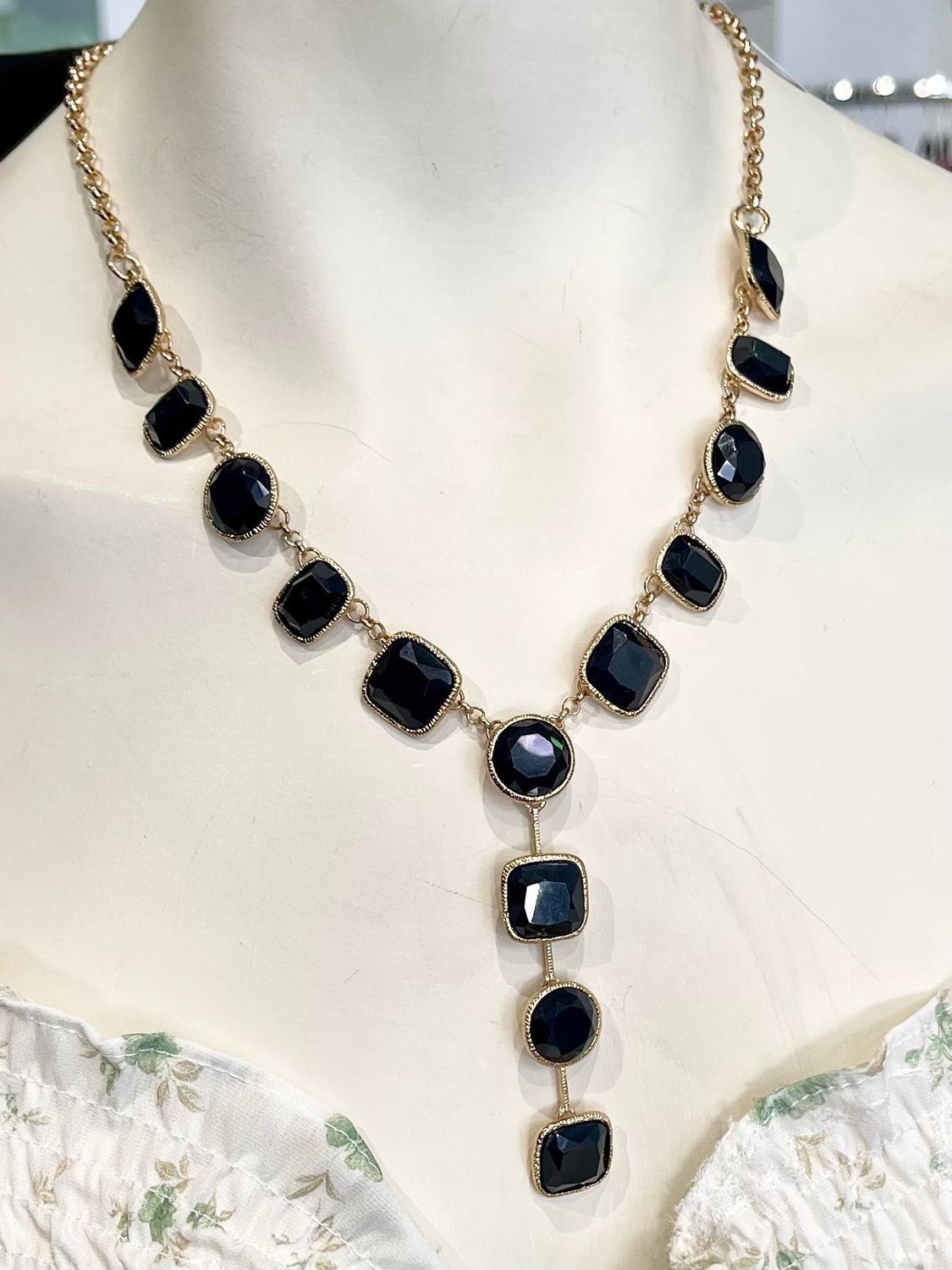 Gold Necklace with Black Gems