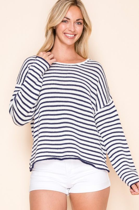 Mallory Round Neck Sweater - White/Navy