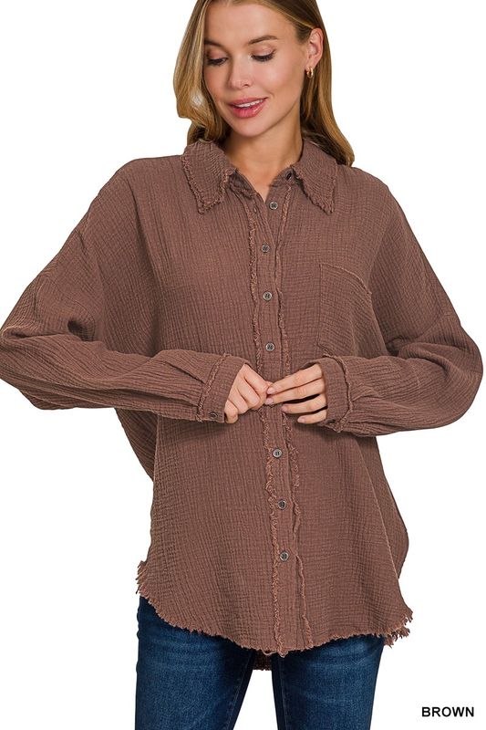 Megan Gauze Button Up - Brown