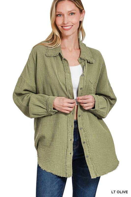 Megan Gauze Button Up - Olive