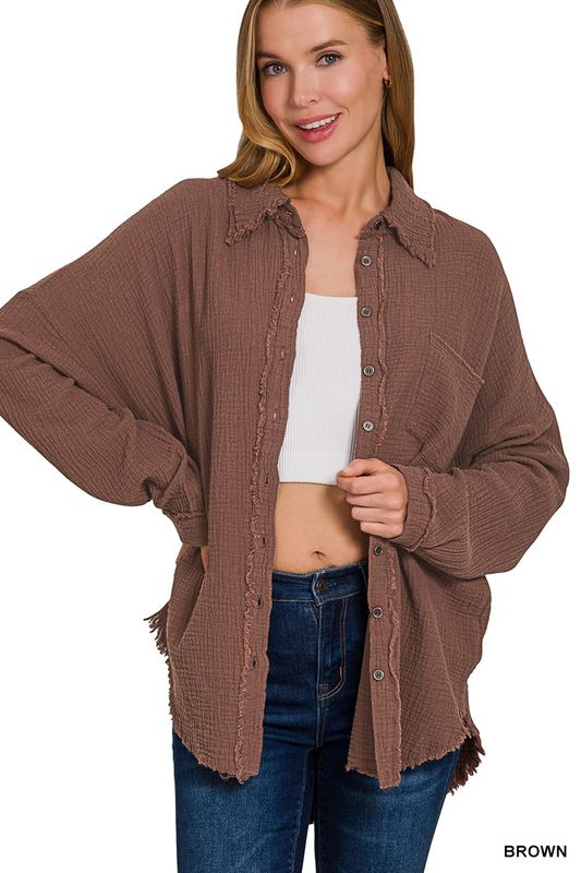 Megan Gauze Button Up - Brown