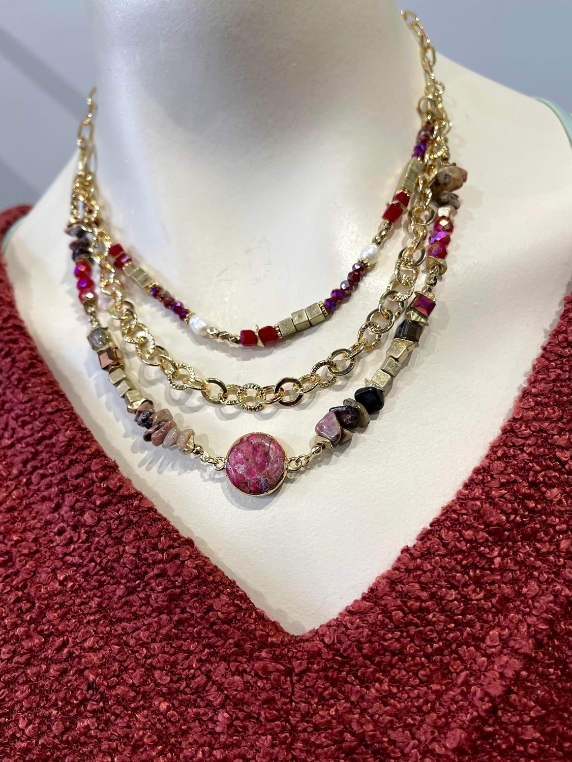 Gold Necklace with Red Beaded Layers