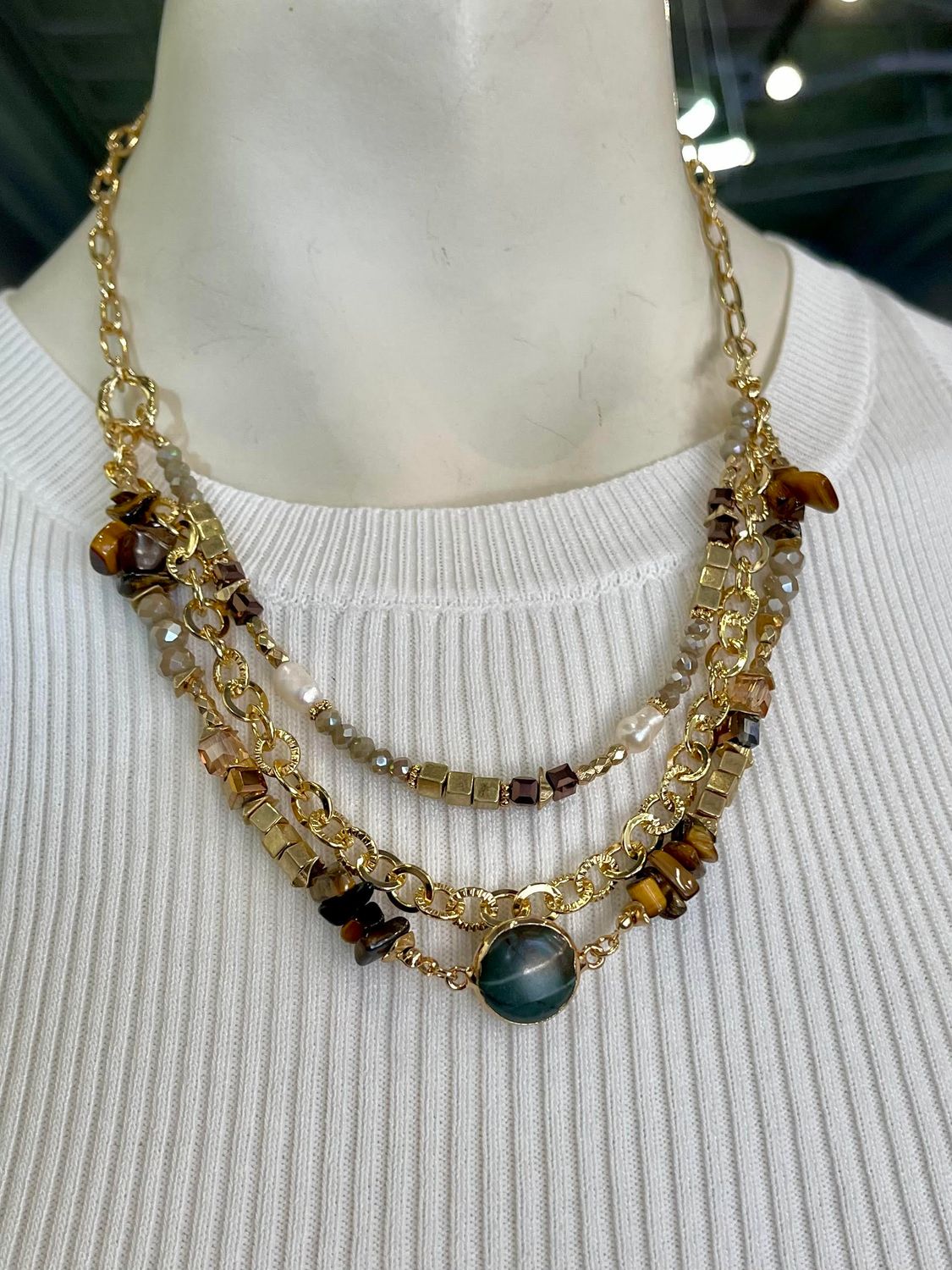 Gold Necklace with Brown Beaded Layers