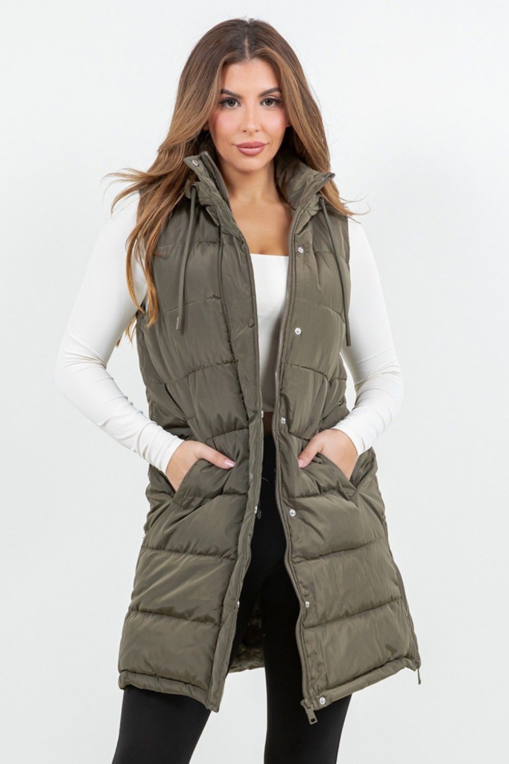 Long Puffer Vest - Olive