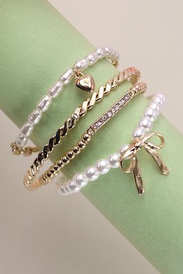 Gold Pearl and Bow Bangle Set