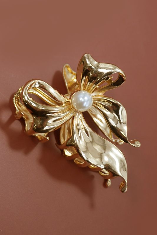 Gold Pearl Bow Hair Clip